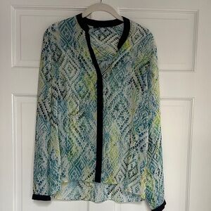 Tahari Blue and Green Sheer Blouse with Black Accents